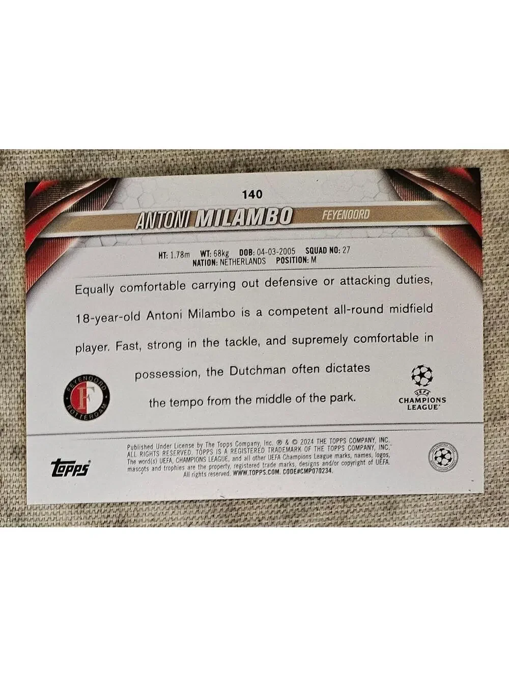 2023-24 Topps UEFA Club Competitions Antoni Milambo RC #140 Inferno insert - Picture 2 of 2